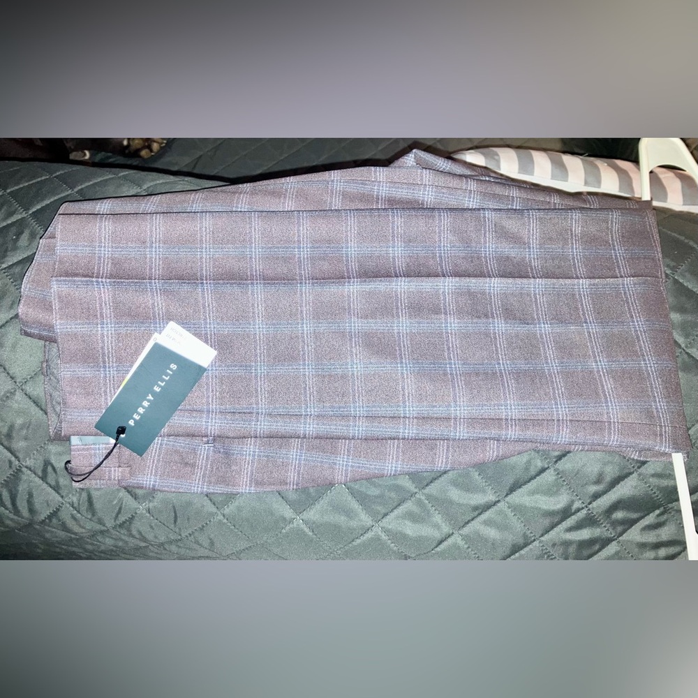 Perry Ellis Men's Plaid Dress Pants in Blue, Purple and Gray NWT
